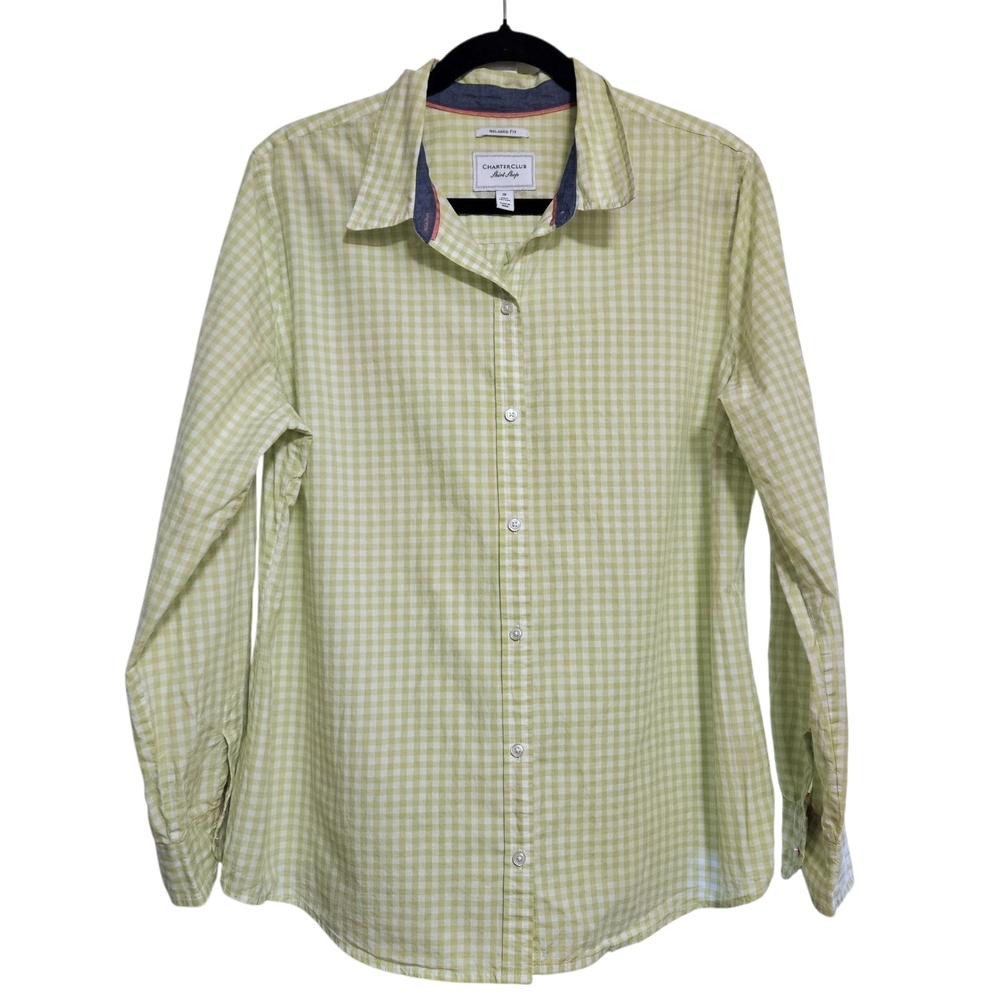 Green White Gingham Button Up Charter Club Shirt Shop Relaxed Fit Wmn 18 Cotton